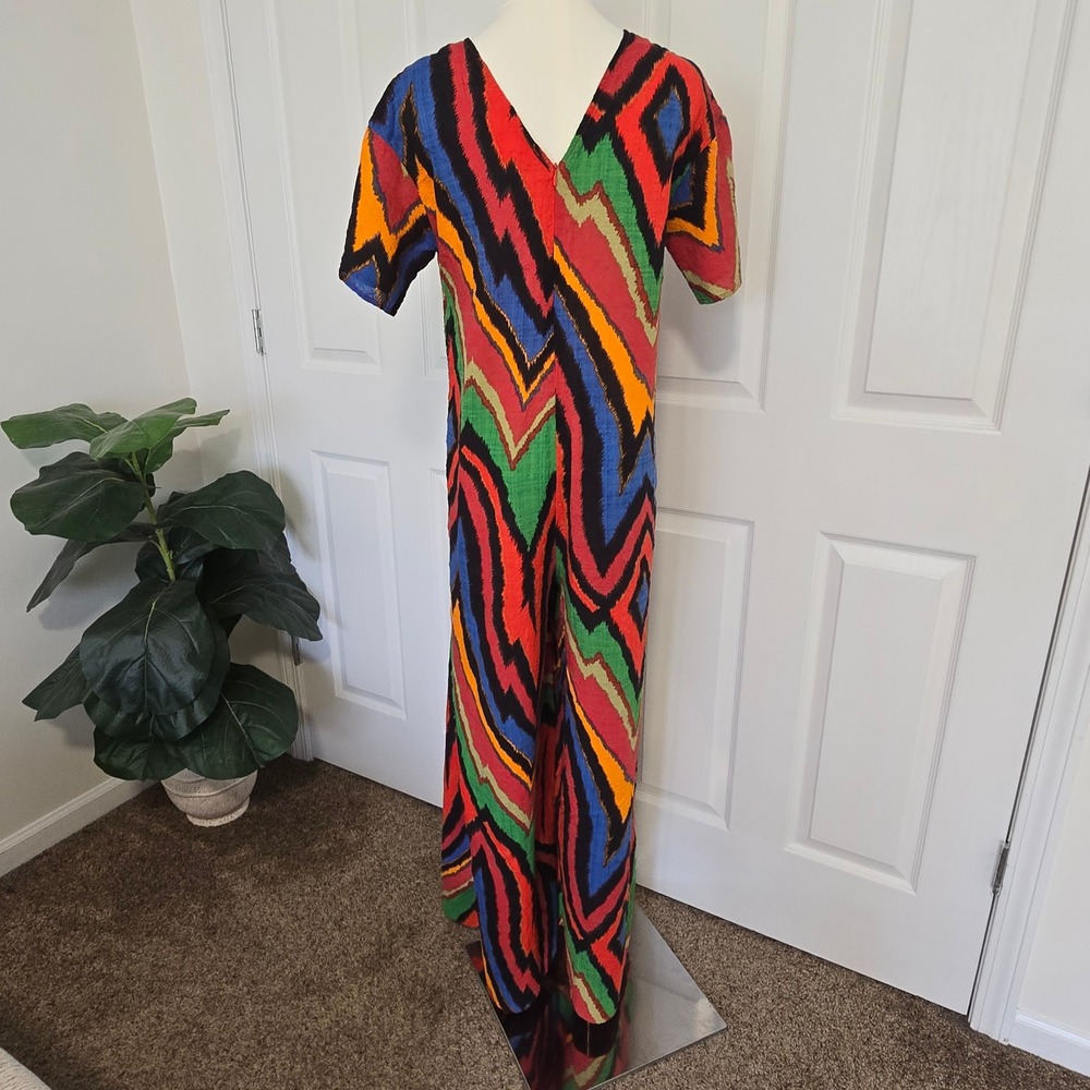 Dress Day Jumpsuit Women Medium Multicolor Ikat Chevron Boho V-Neck D - Picture 2 of 9